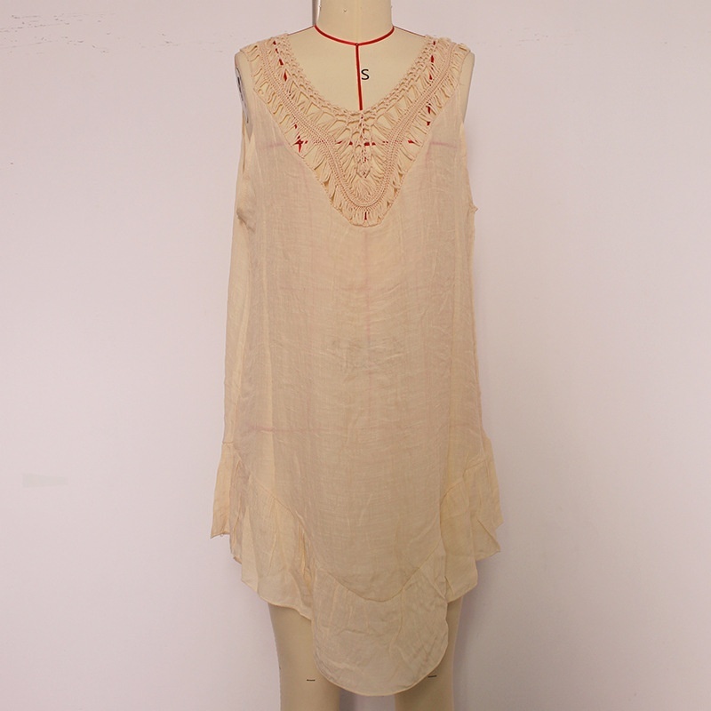 Womens Boho Beach Cover-Up Dress - Crochet V-Neck Sleeveless Mini Dress